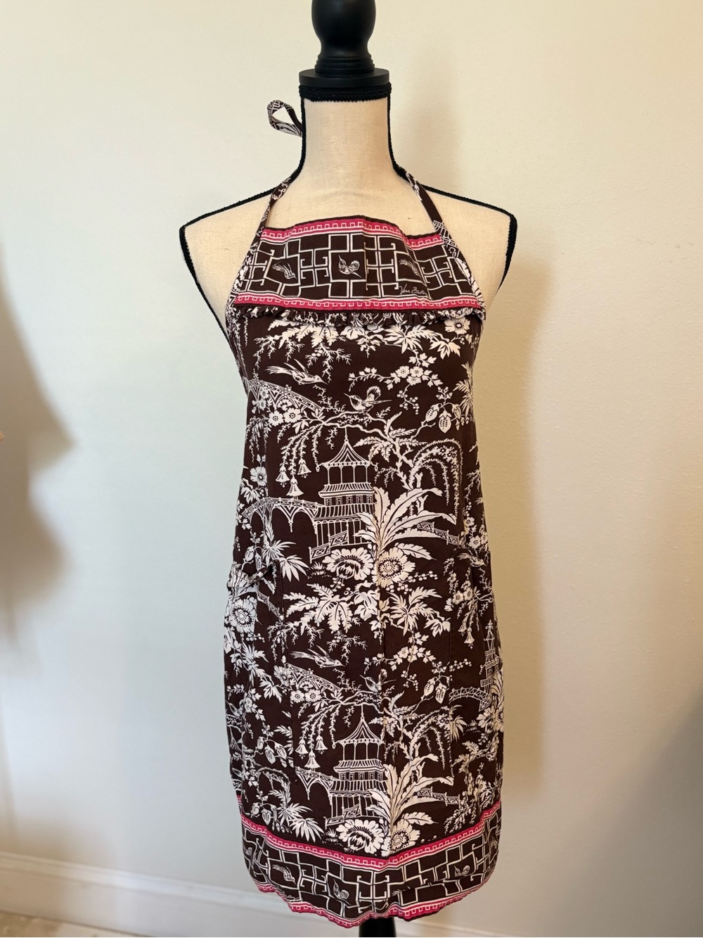Brown & White Floral Halter Apron with Pink Trim